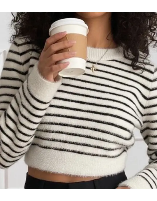 Kadın Uzun Kollu Balıkçı Yaka Crop Triko Bluz