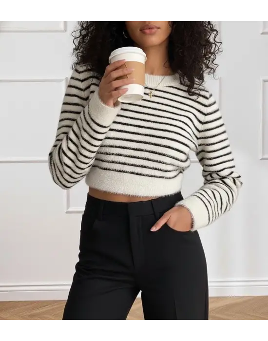 Kadın Uzun Kollu Balıkçı Yaka Crop Triko Bluz