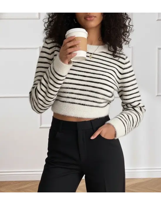 Kadın Uzun Kollu Balıkçı Yaka Crop Triko Bluz