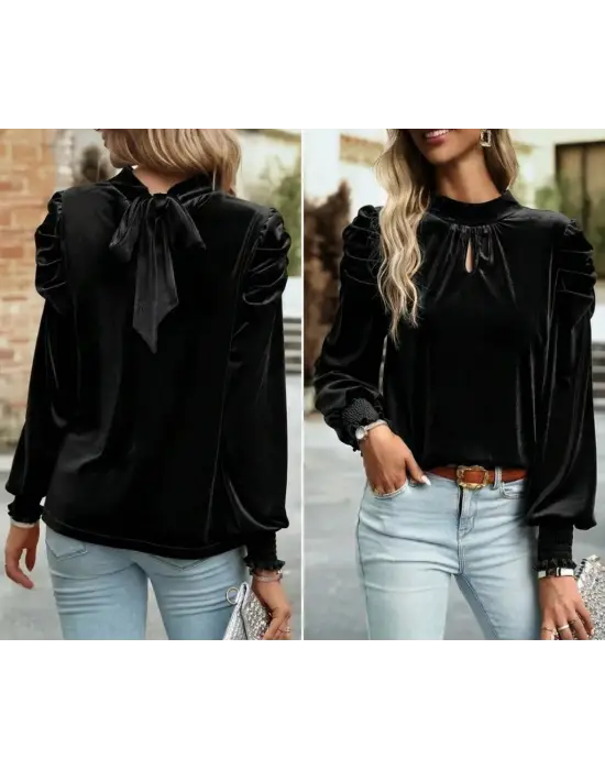 Kadın Uzun Kollu Balıkçı Yaka Damla Detaylı Kadife Bluz