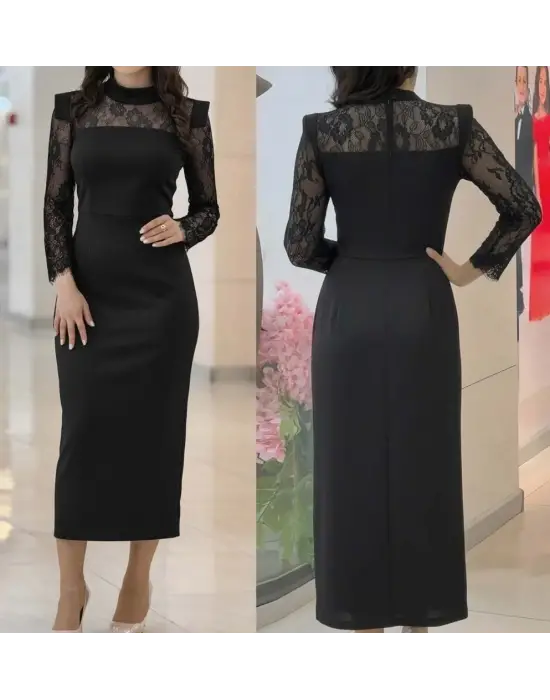 Zarif Dantel Detaylı Uzun Kollu Midi Elbise