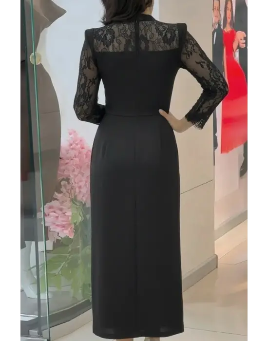 Kadın Uzun Kollu Balıkçı Yaka Dantel Detaylı Midi Ithal Krep Elbise