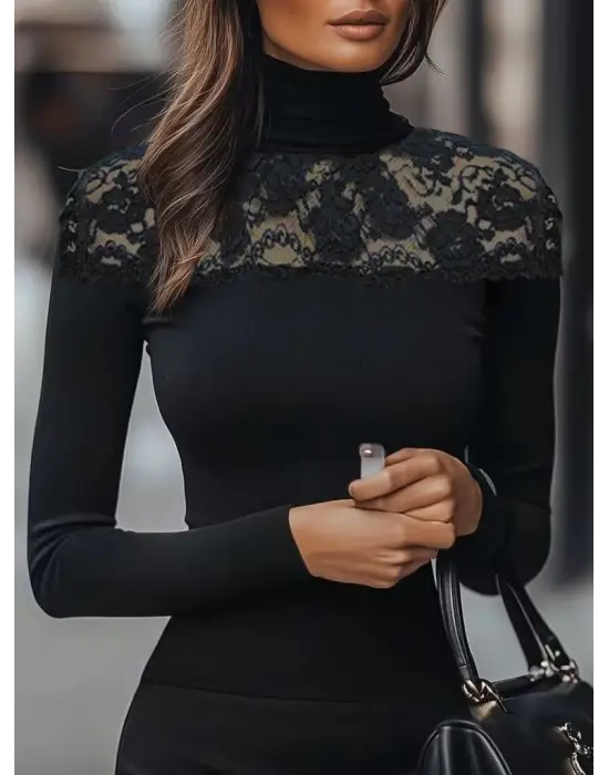 Kadın Uzun Kollu Balıkçı Yaka Dantelli Kaşkorse Bluz