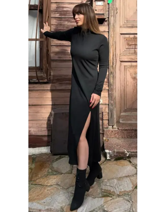 Kadın Uzun Kollu Balıkçı Yaka Derin Yırtmaç Detay Krep Elbise