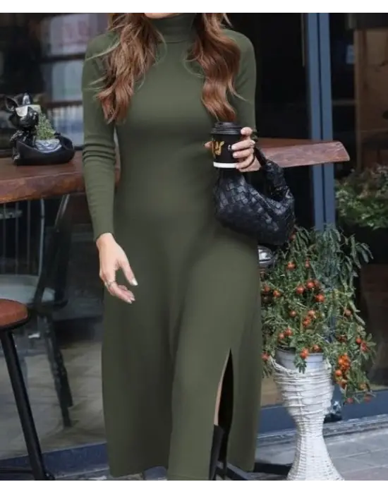 Kadın Uzun Kollu Balıkçı Yaka Derin Yırtmaç Detay Krep Elbise