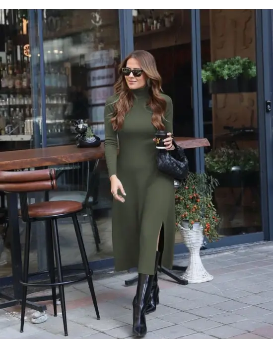 Kadın Uzun Kollu Balıkçı Yaka Derin Yırtmaç Detay Krep Elbise