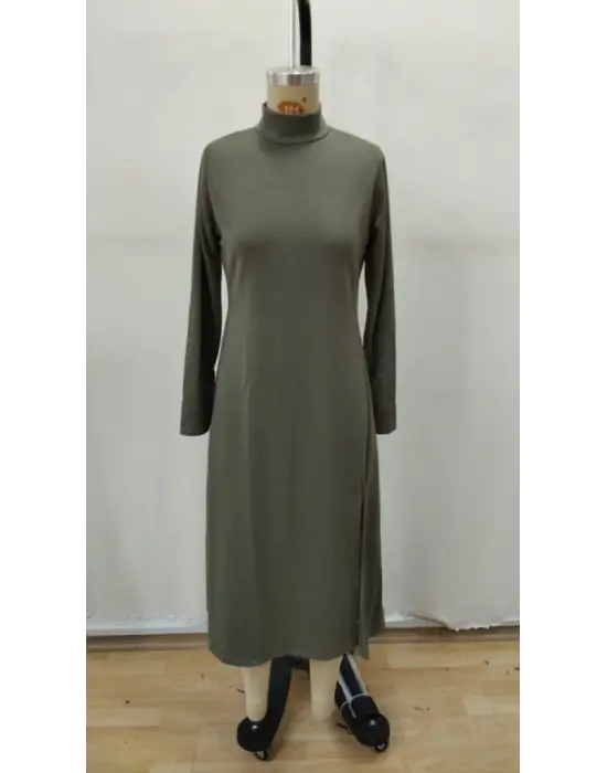 Kadın Uzun Kollu Balıkçı Yaka Derin Yırtmaç Detay Krep Elbise