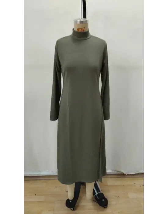 Kadın Uzun Kollu Balıkçı Yaka Derin Yırtmaç Detay Krep Elbise