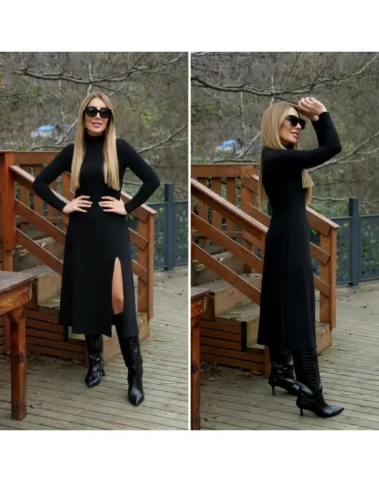 Kadın Uzun Kollu Balıkçı Yaka Derin Yırtmaç Detay Krep Elbise