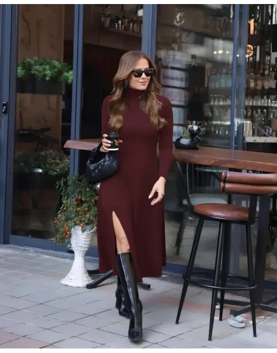 Kadın Uzun Kollu Balıkçı Yaka Derin Yırtmaç Detay Modal Elbise