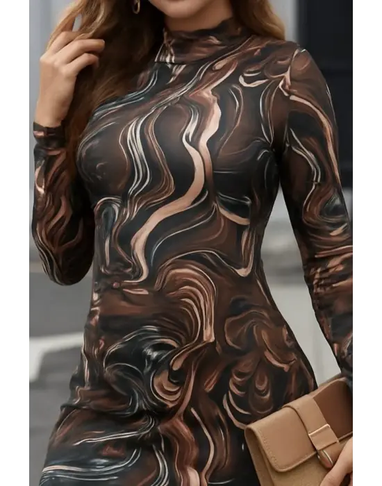 Kadın Uzun Kollu Balıkçı Yaka Desenli Dalgıç Elbise