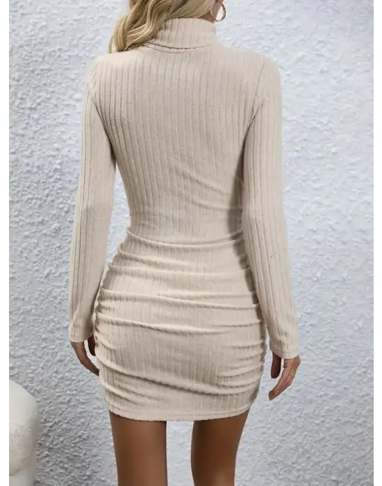 Kadın Uzun Kollu Balıkçı Yaka Eteği Büzgülü şardonlu Kaşkorse Mini Elbise