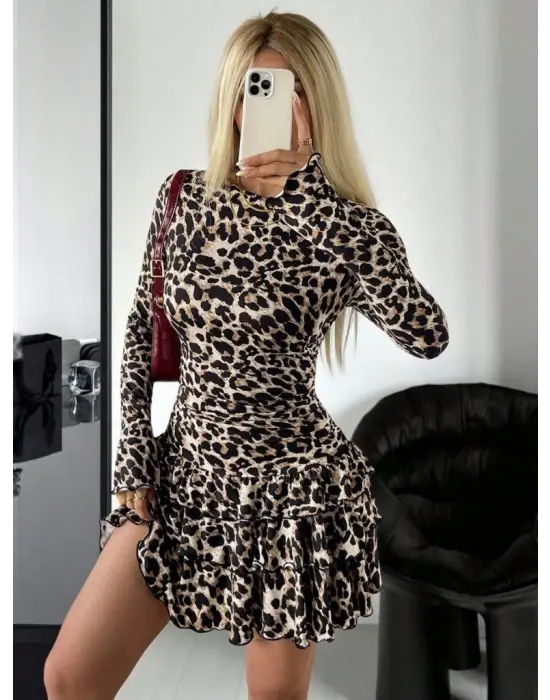 Kadın Uzun Kollu Balıkçı Yaka Fırfırlı Leopar Desenli Modal Elbise