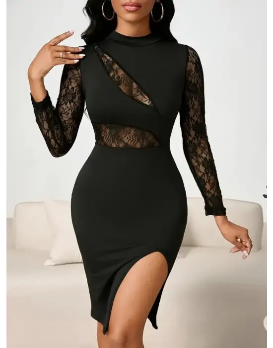 Kadın Uzun Kollu Balıkçı Yaka Göğüs Beli Dekolte Dantel Detaylı Yandan Yırtmaçlı Mini Ithal Krep Elbise