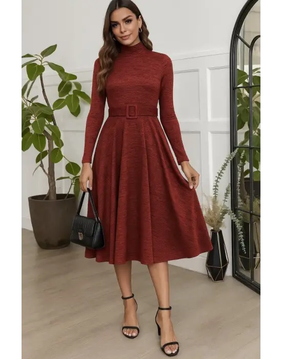 Kadın Uzun Kollu Balıkçı Yaka Kemer Detaylı Yumoş Midi Elbise