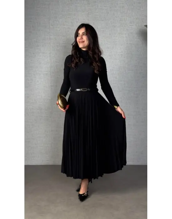 Kadın Uzun Kollu Balıkçı Yaka Kemersiz Pileli Uzun Sandy Elbise