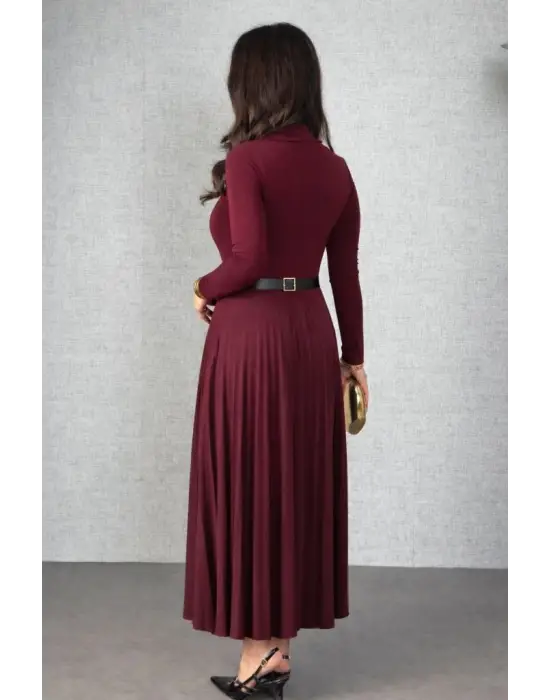 Kadın Uzun Kollu Balıkçı Yaka Kemersiz Pileli Uzun Sandy Elbise