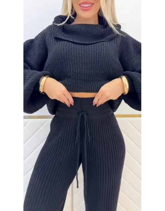 Kadın Uzun Kollu Balıkçı Yaka Kısa Triko Bluz Ve Pantolon Ikili Takım