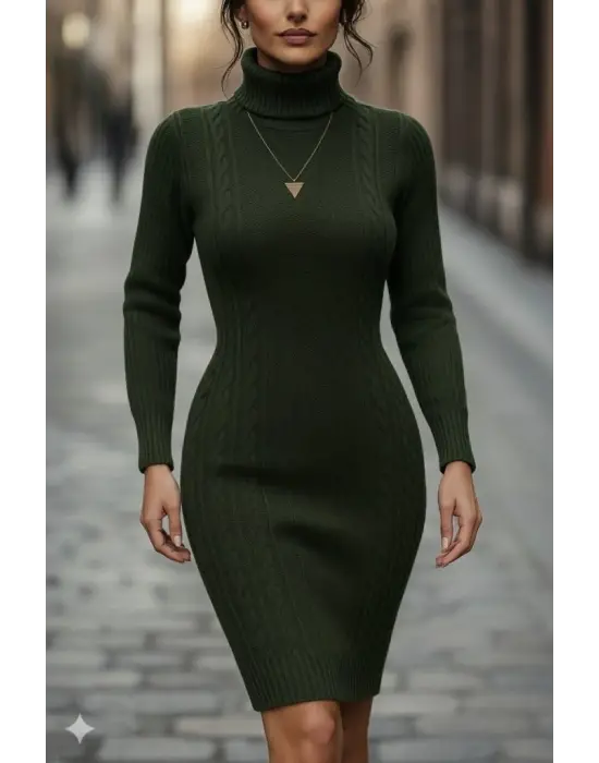 Kadın Uzun Kollu Balıkçı Yaka Kısa Triko Elbise