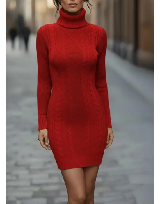 Kadın Uzun Kollu Balıkçı Yaka Kısa Triko Elbise