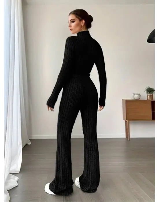 Kadın Uzun Kollu Balıkçı Yaka Krop Ve Pantolon şardonlu Kaşkorse Ikili Takım