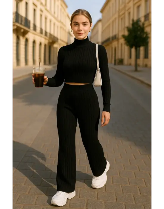 Kadın Uzun Kollu Balıkçı Yaka Krop Ve Pantolon şardonlu Kaşkorse Ikili Takım