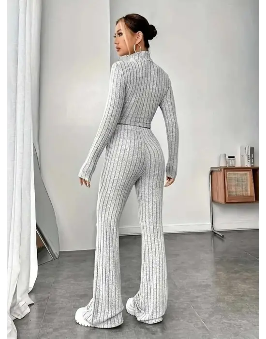 Kadın Uzun Kollu Balıkçı Yaka Krop Ve Pantolon şardonlu Kaşkorse Ikili Takım