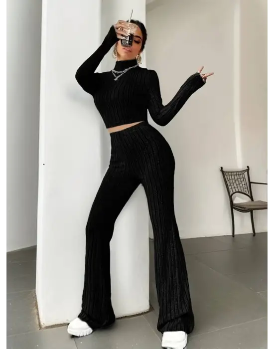 Kadın Uzun Kollu Balıkçı Yaka Krop Ve Pantolon şardonlu Kaşkorse Ikili Takım