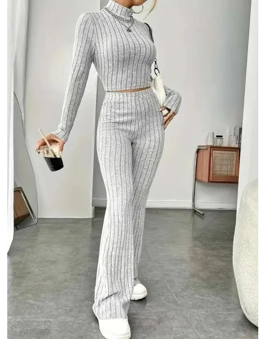 Kadın Uzun Kollu Balıkçı Yaka Krop Ve Pantolon şardonlu Kaşkorse Ikili Takım