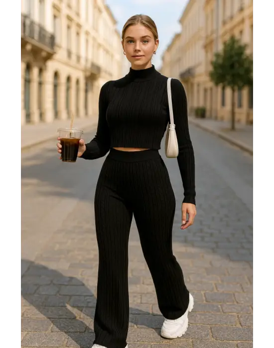 Kadın Uzun Kollu Balıkçı Yaka Krop Ve Pantolon şardonlu Kaşkorse Ikili Takım