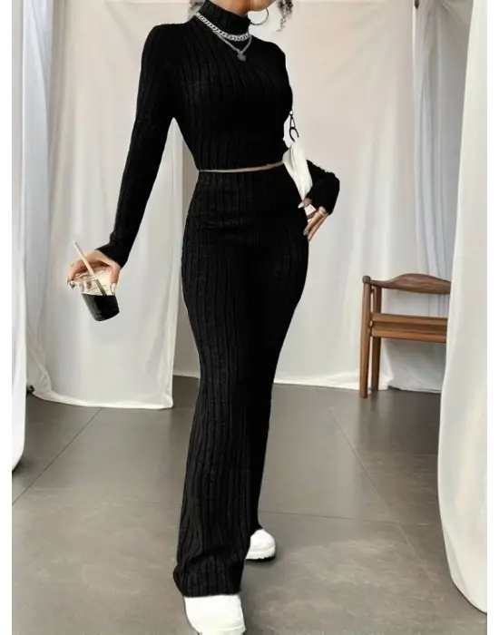 Kadın Uzun Kollu Balıkçı Yaka Krop Ve Pantolon şardonlu Kaşkorse Ikili Takım