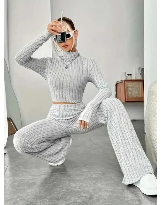 Kadın Uzun Kollu Balıkçı Yaka Krop Ve Pantolon şardonlu Kaşkorse Ikili Takım