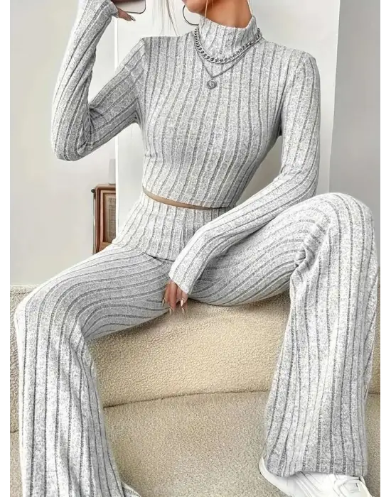 Kadın Uzun Kollu Balıkçı Yaka Krop Ve Pantolon şardonlu Kaşkorse Ikili Takım