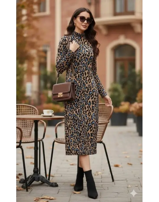 Kadın Uzun Kollu Balıkçı Yaka Leopar Desenli Midi Boy Elbise
