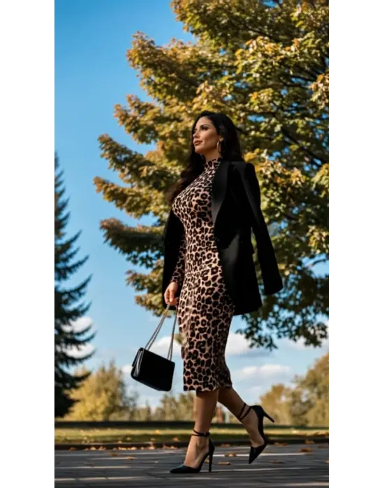 Kadın Uzun Kollu Balıkçı Yaka Leopar Desenli Midi Boy Elbise