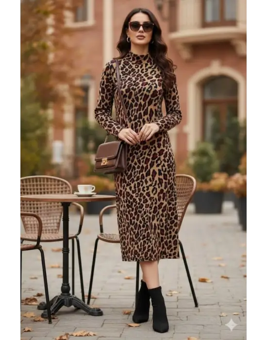 Kadın Uzun Kollu Balıkçı Yaka Leopar Desenli Midi Boy Elbise