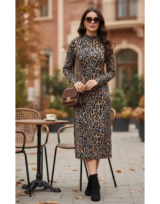 Kadın Uzun Kollu Balıkçı Yaka Leopar Desenli Midi Boy Elbise