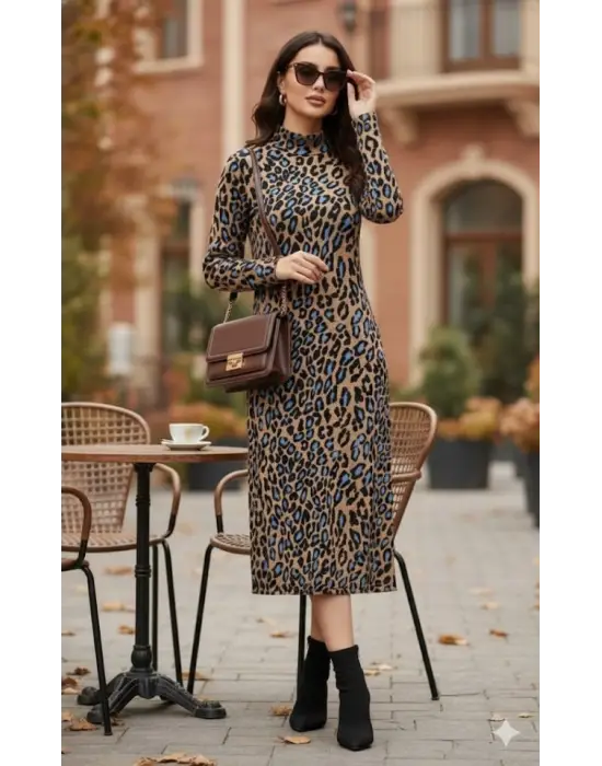 Kadın Uzun Kollu Balıkçı Yaka Leopar Desenli Midi Boy Elbise