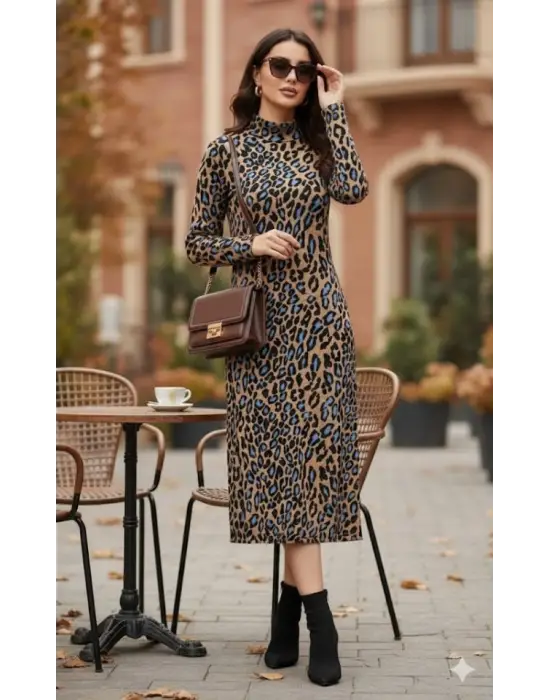 Kadın Uzun Kollu Balıkçı Yaka Leopar Desenli Midi Boy Elbise