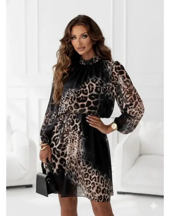 Kadın Uzun Kollu Balıkçı Yaka Leopar Desenli şifon Mini Elbise