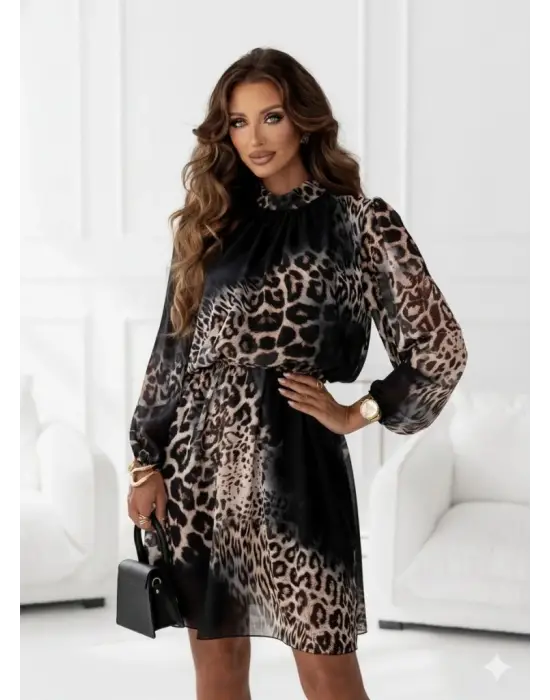 Kadın Uzun Kollu Balıkçı Yaka Leopar Desenli şifon Mini Elbise