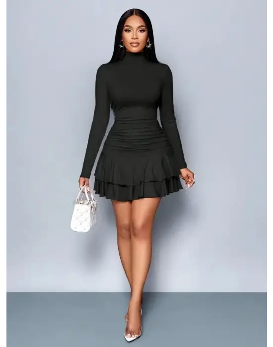 Kadın Uzun Kollu Balıkçı Yaka Mini Fırfırlı Sandy Elbise