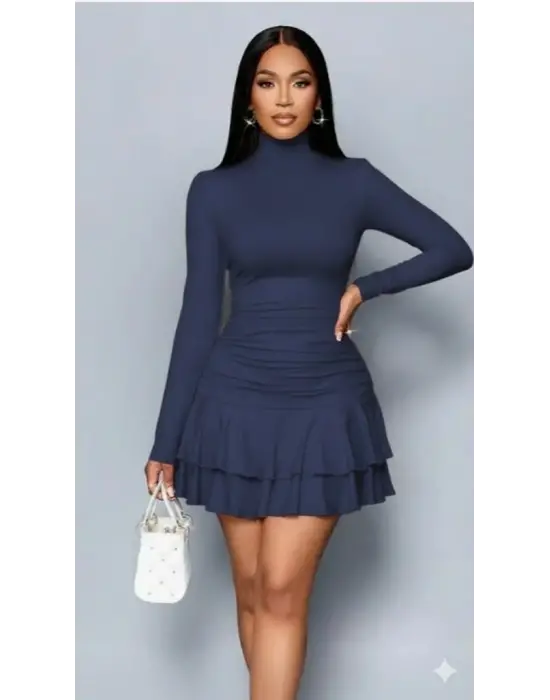 Kadın Uzun Kollu Balıkçı Yaka Mini Fırfırlı Sandy Elbise