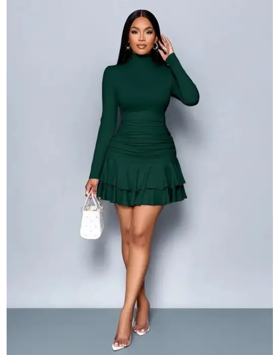 Kadın Uzun Kollu Balıkçı Yaka Mini Fırfırlı Sandy Elbise