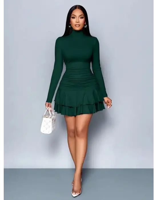 Kadın Uzun Kollu Balıkçı Yaka Mini Fırfırlı Sandy Elbise