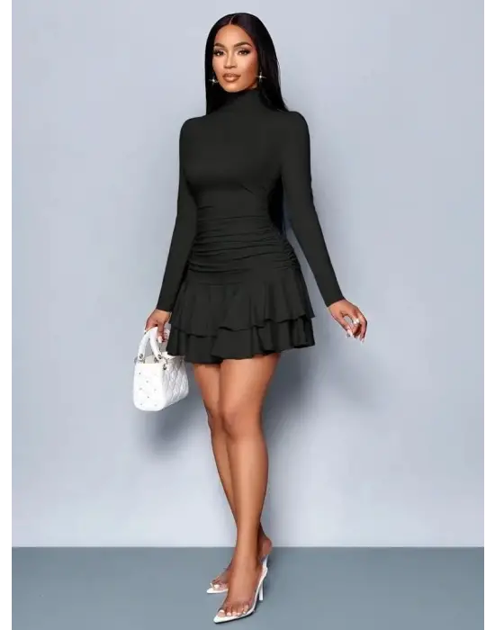 Kadın Uzun Kollu Balıkçı Yaka Mini Fırfırlı Sandy Elbise