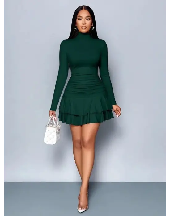 Kadın Uzun Kollu Balıkçı Yaka Mini Fırfırlı Sandy Elbise