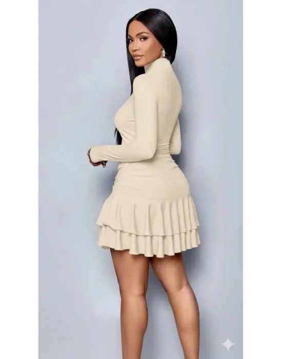 Kadın Uzun Kollu Balıkçı Yaka Mini Fırfırlı Sandy Elbise