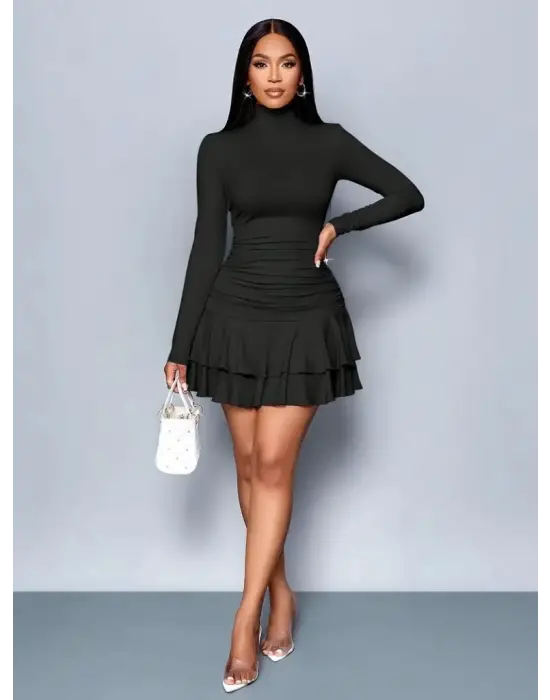 Kadın Uzun Kollu Balıkçı Yaka Mini Fırfırlı Sandy Elbise