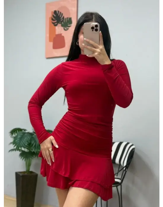 Kadın Uzun Kollu Balıkçı Yaka Mini Fırfırlı Sandy Elbise